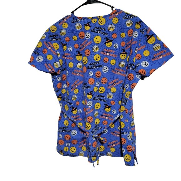 Cassandra O Halloween Scrub Top Womens Size Large Smiley Faces Medical Uniform - Picture 2 of 5